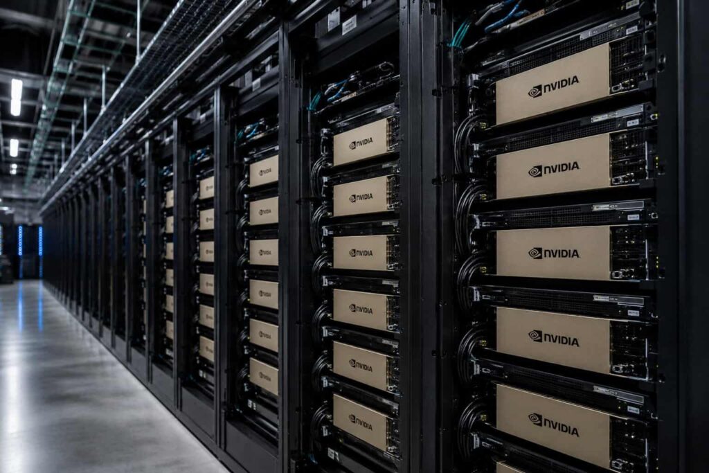 Alignements de serveurs NVIDIA dans un centre de données moderne.