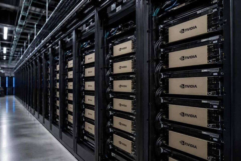 Alignements de serveurs NVIDIA dans un centre de données moderne.