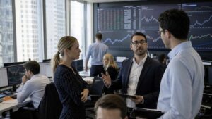 Trois professionnels de la finance, deux hommes et une femme, discutent activement de données boursières affichées sur de grands écrans dans une salle de marché moderne, un visuel illustrant l’expertise nécessaire pour savoir comment choisir sa solution d'investissement pour 2027.