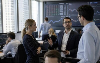 Trois professionnels de la finance, deux hommes et une femme, discutent activement de données boursières affichées sur de grands écrans dans une salle de marché moderne, un visuel illustrant l’expertise nécessaire pour savoir comment choisir sa solution d'investissement pour 2027.