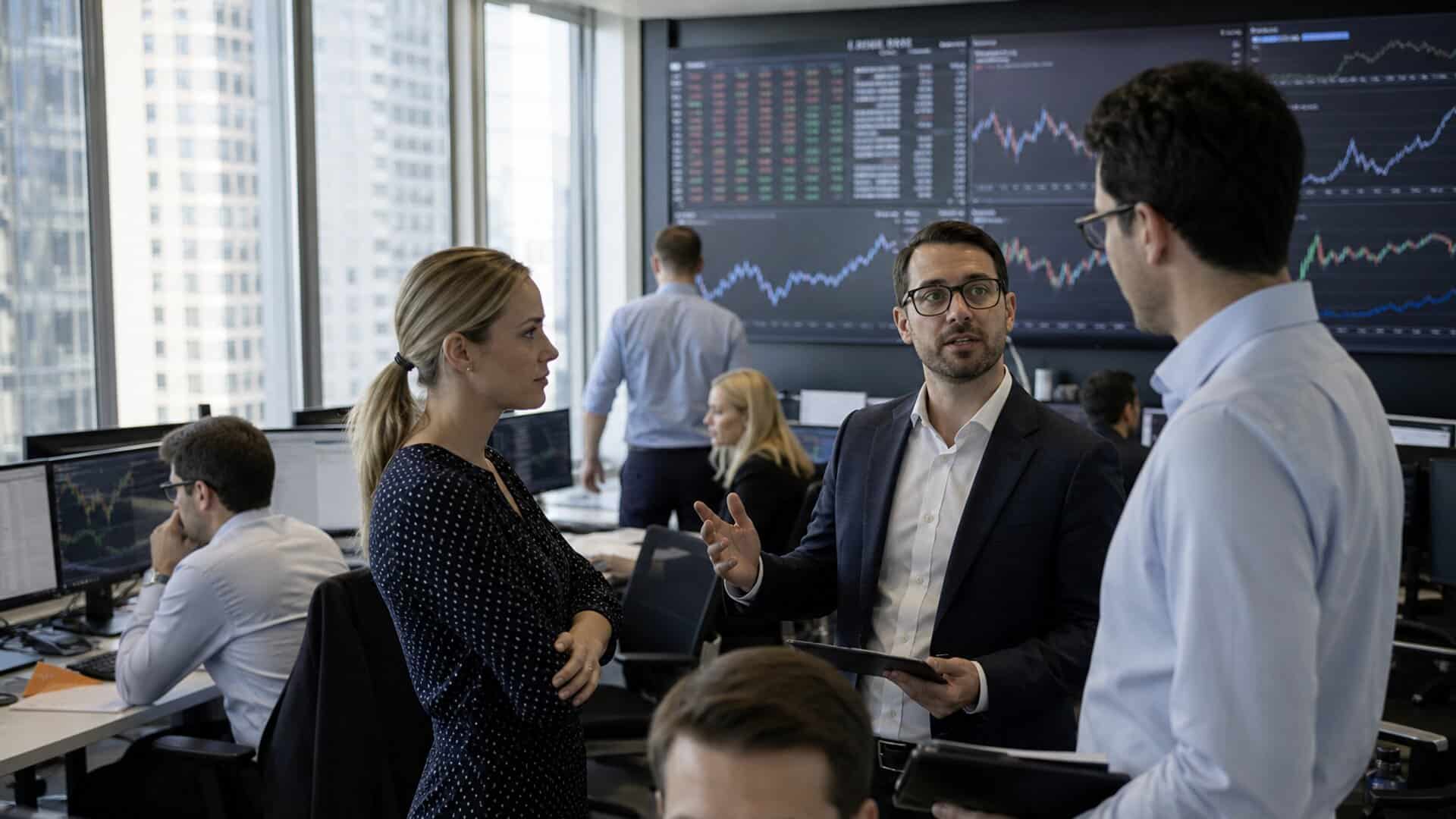 Trois professionnels de la finance, deux hommes et une femme, discutent activement de données boursières affichées sur de grands écrans dans une salle de marché moderne, un visuel illustrant l’expertise nécessaire pour savoir comment choisir sa solution d'investissement pour 2027.