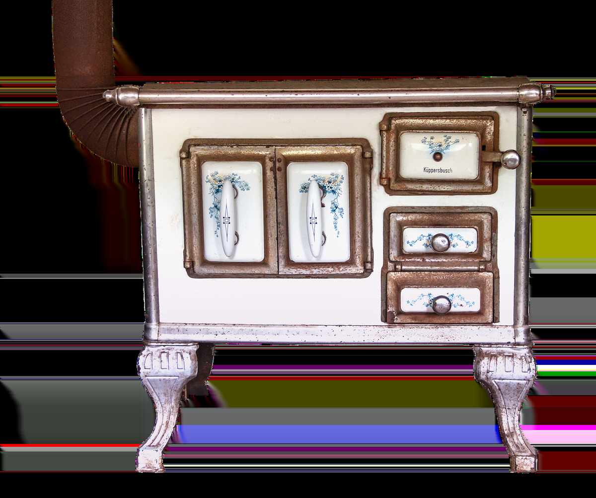 Old-fashioned stove with ornate doors and ventilation pipe