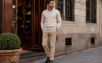 Homme élégant devant une boutique portant des derbies marron.