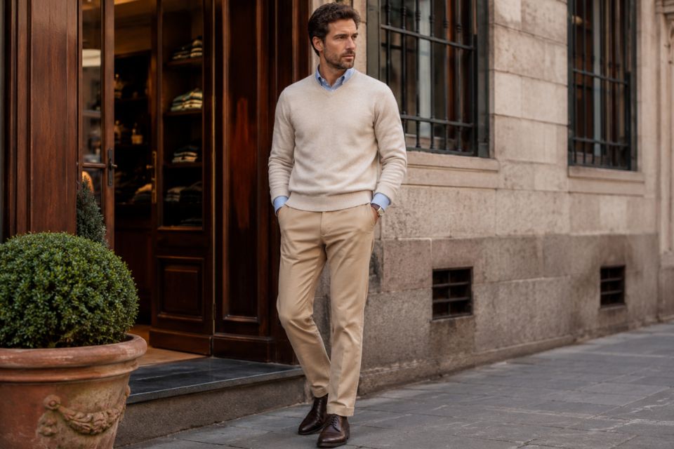 Homme élégant devant une boutique portant des derbies marron.