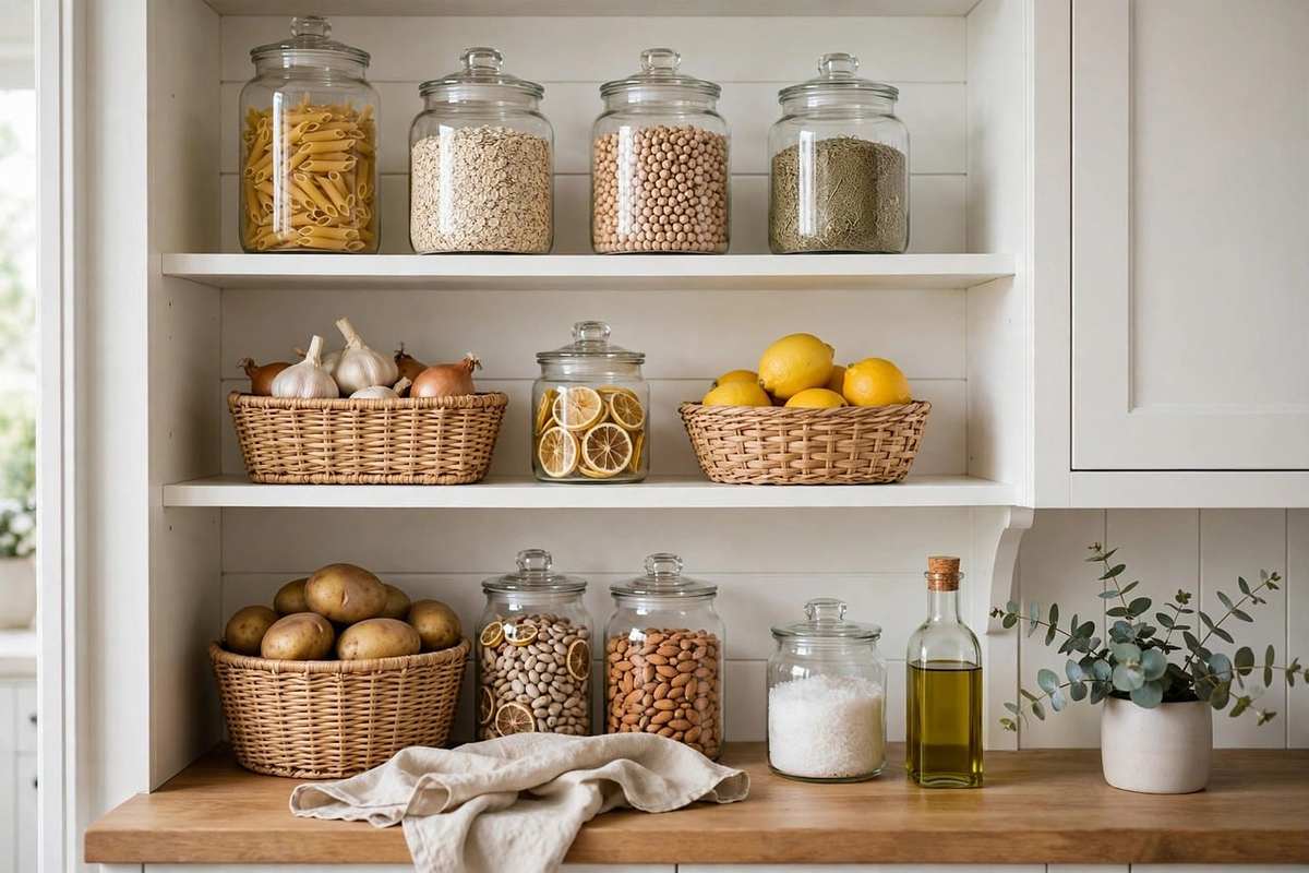 Cuisine avec étagères bocaux paniers légumes huile torchon et plante