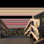 Escaliers en bois menant à une plateforme extérieure couleur dégradée