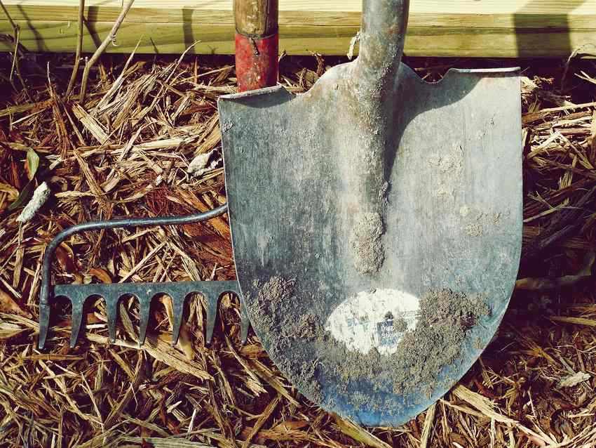 Pelle de jardin posée sur du paillis et de la paille sèche Pelle de jardin posée sur du paillis et de la paille sèche